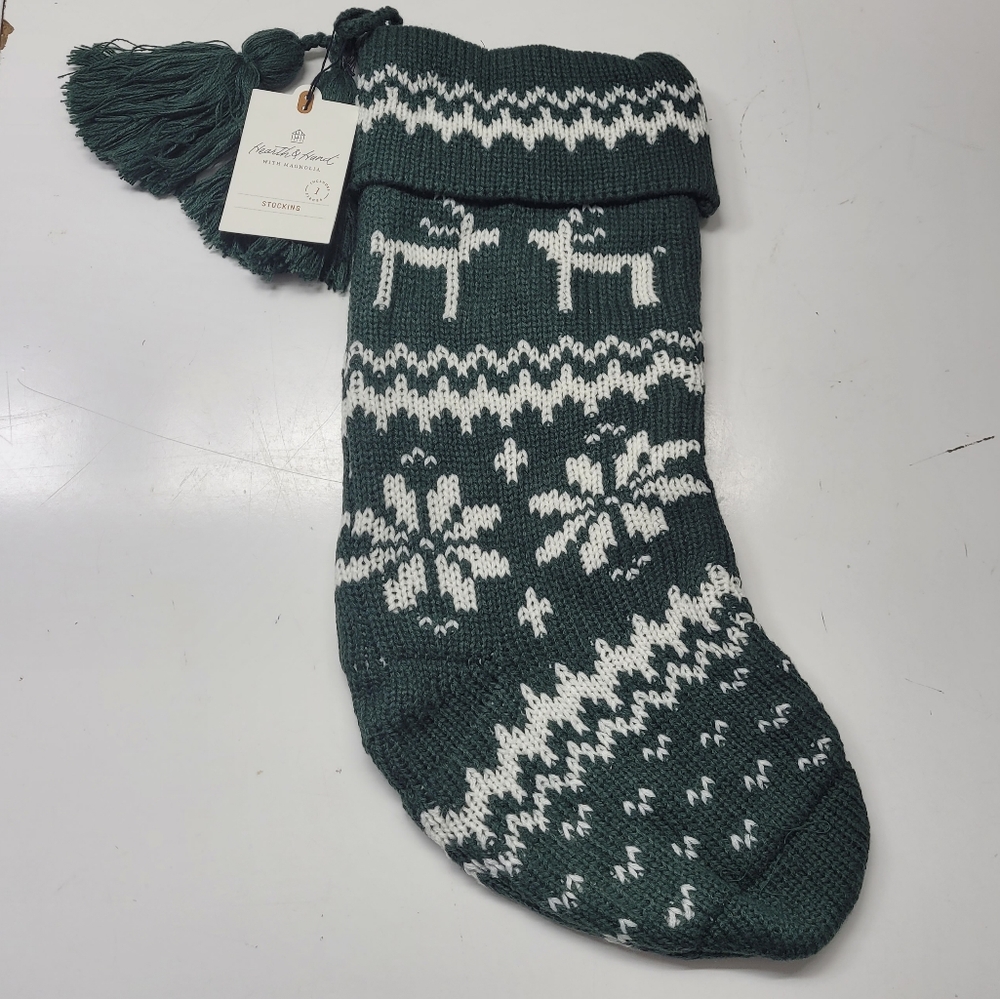 New! Hearth & Hand Dark Green White Knit Stocking Snowflake Reindeer W/ Tassels